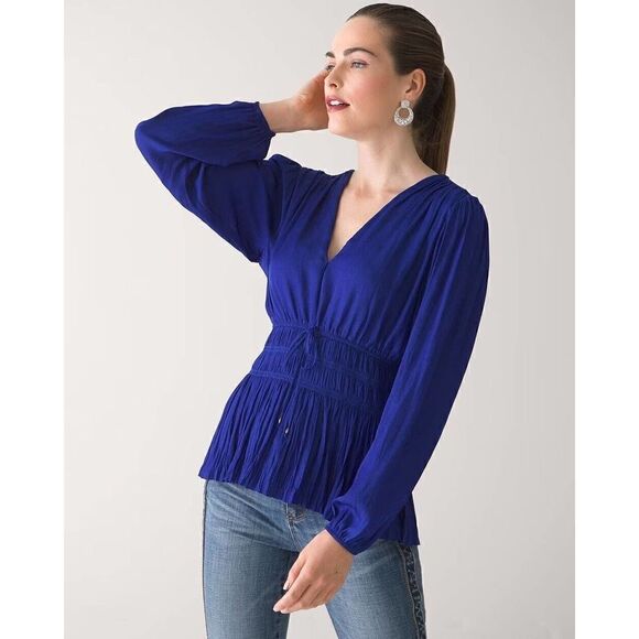 White House Black Market Petite XL Long-Sleeve Fitted Waist Blouse Blue V/neck - Picture 6 of 8
